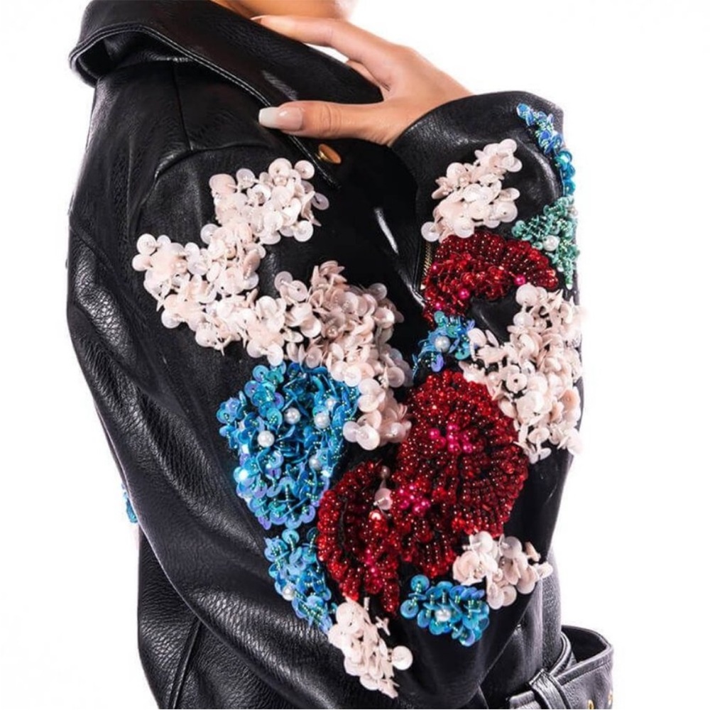 Embroidered Black Leather Jacket with Floral Accents - Picture 3 of 11